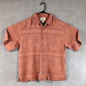 Seven Palm Mens Large Silk Jacquard Tropical Tribal Camp Shirt Terracotta Orange